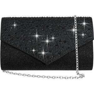 Women Black Imported Magnetic Purse Rhinestone Envelope Party Handbag